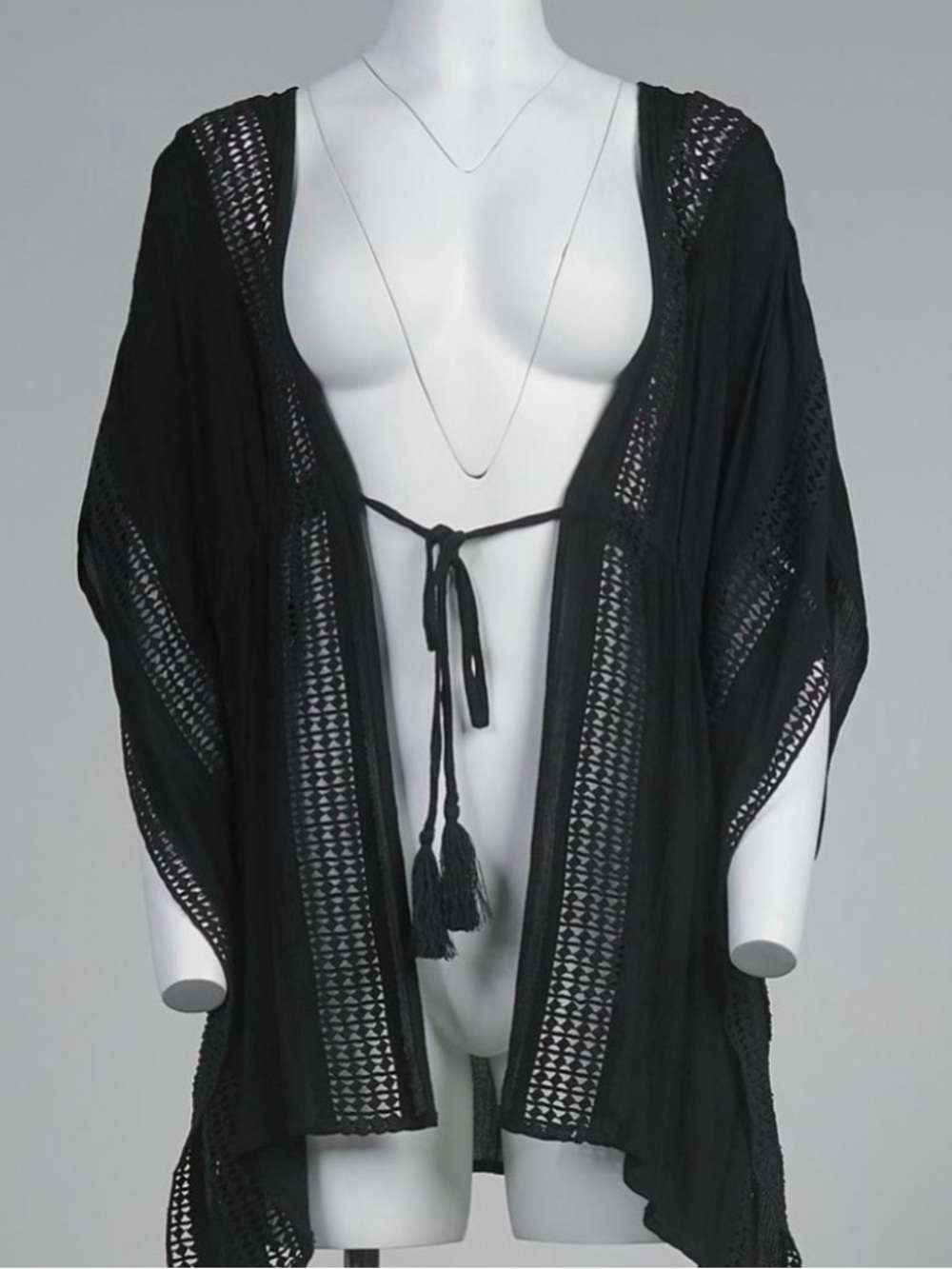 Elan Black Crochet Trim Kimono Cover Up Tunic Boho Lightweight Large NWT